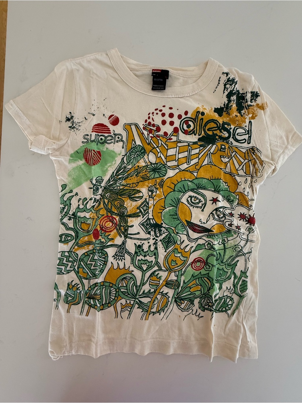Vintage Diesel cream Tee with Yellow & Green Graphic